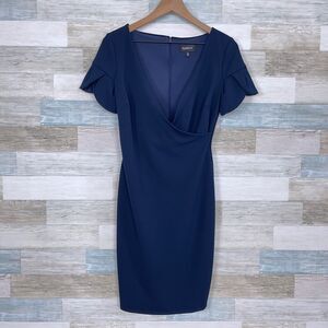 Glamour Faux Wrap Ponte Sheath Dress Navy Blue Tulip Sleeve Lined Womens Small